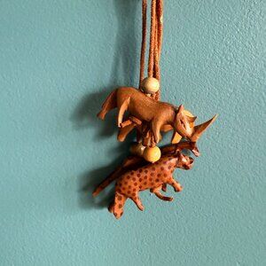 Hand-Carved Wooden Safari Animal Necklace With Leather Cord and Beads 21" Long